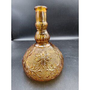 Vintage‎ Clear Amber Squat Decanter Raised Daisy Flower Floral Design MCM